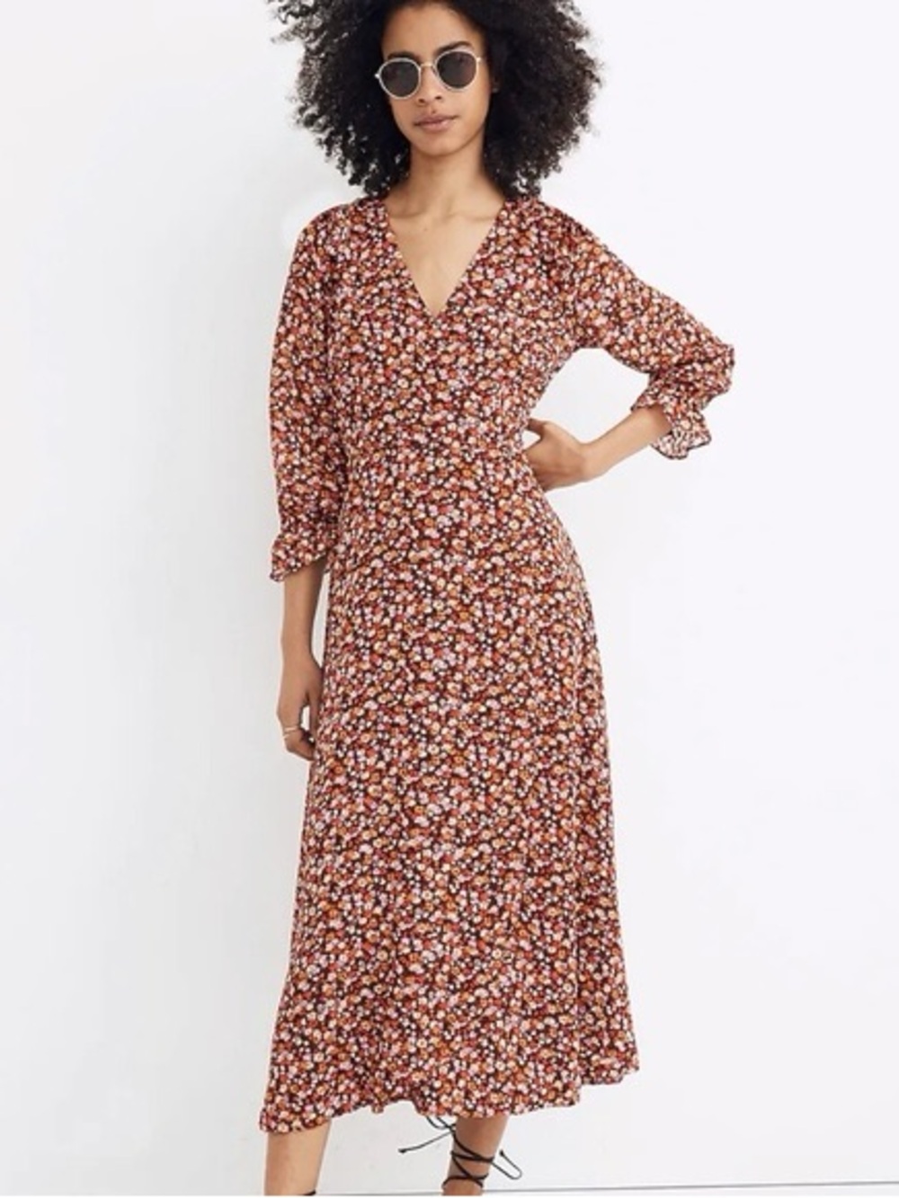Madewell Long-Sleeve Crossover Midi Dress Clipdot Spring Prairie Floral V-Neck